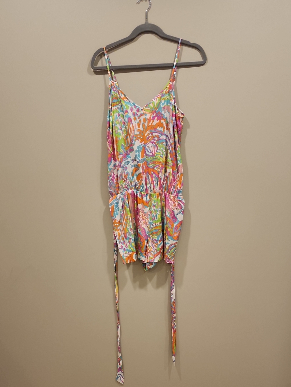 Lilly Pulitzer Spaghetti-Strap Shorts Romper With Belt, Size Medium